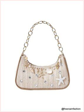 Straw Beach Purse Seashell Beaded Shoulder Handbags Summer Vacation Bags